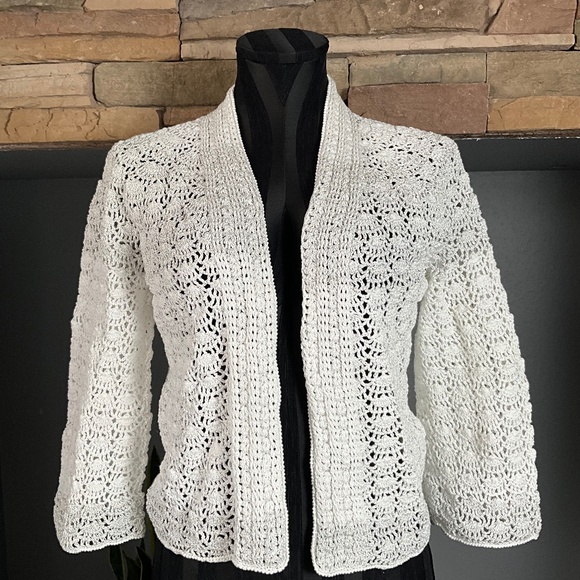 Handmade Knit Crochet Open Front Cardigan Sweater Boho White Silver Metallic S - Picture 2 of 8